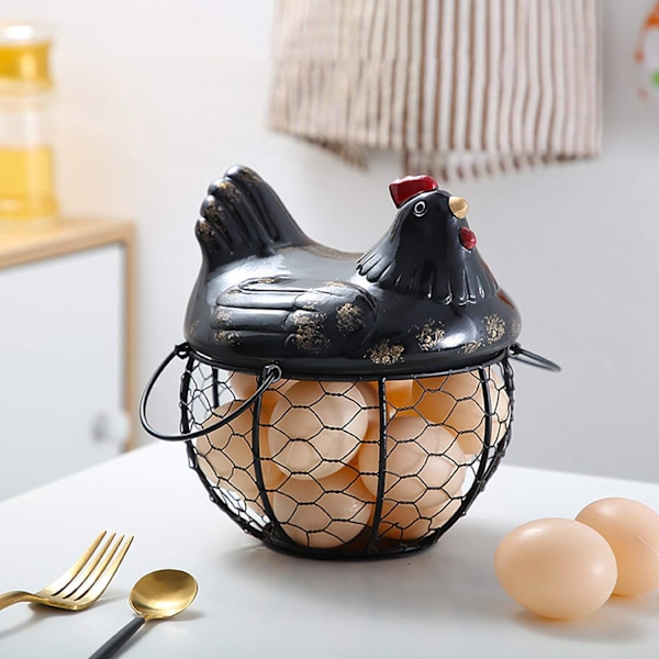 Eggoppbevaringskurv, med keramisk hønelokk, frukt- og snacksorganisator, kreativ samlingskurv, kjøkkentilbehør for hjemmeinnredning, grønnsaksoppbevaring