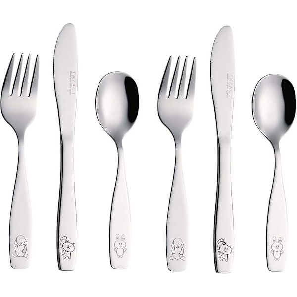 Børnebestik i rustfrit stål 6 dele: 2 x gafler, 2 x knive, 2 x skeer (hund-kat-kanin x 6)