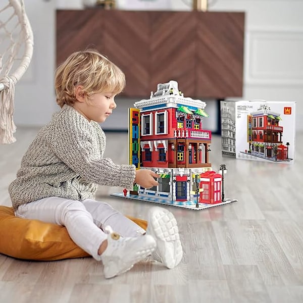 Hjørnebutik Byggeklodssæt, Byhus Model Sæt Legetøj Modulært Hus Byggeklodser Konstruktionssæt og Samlelegetøjsgave til Børn Alder 8+ /Voksen