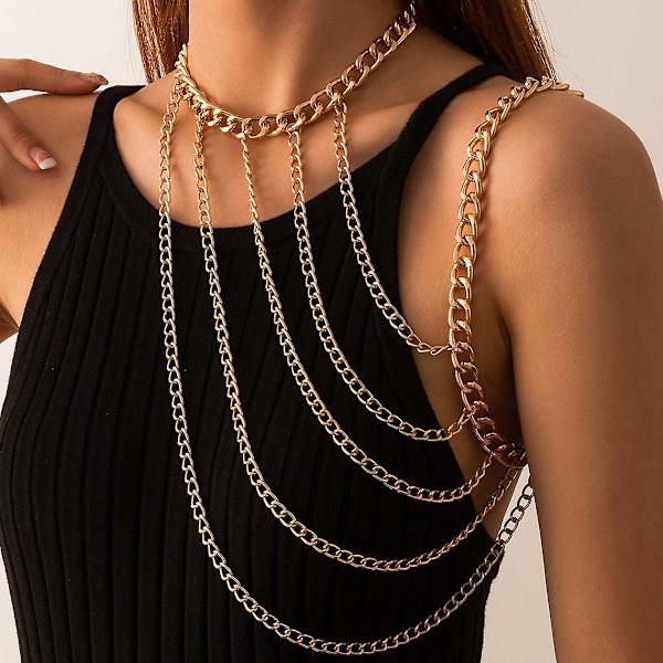 U-formad tofsprydnad kroppskedja halsband: Glamour i guld