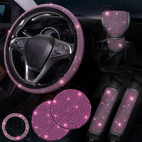 7-pack rosa bling biltillbehör set för kvinnor, rosa diamant rattöverdrag set 15 tum, säkerhetsbälteskudde, växelspaksöverdrag, rosa bil bling r