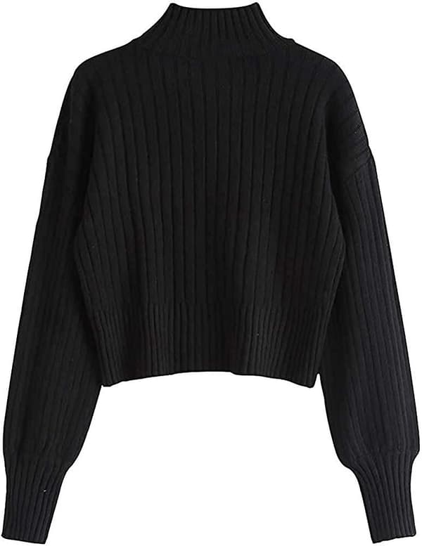 Dam Mock Neck Långärmad Ribbstickad Basiskortad Pullovertröja Svart