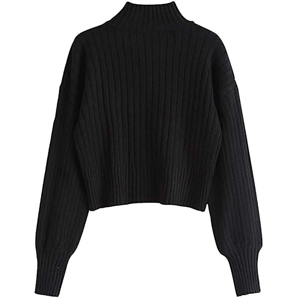 Mock Neck Langermet Ribbestrikket Basic Crop Pullover Genser Dame Svart