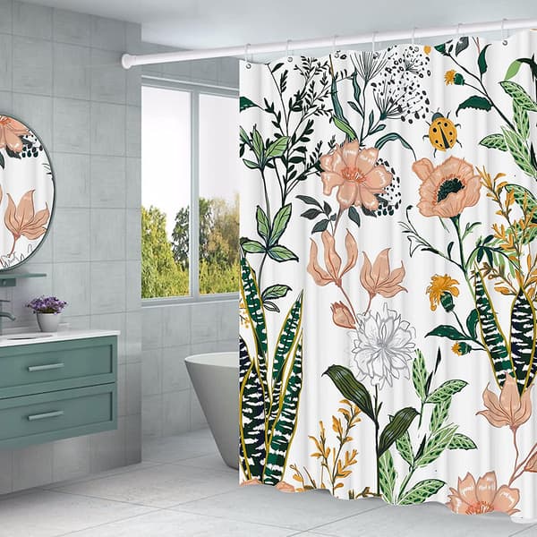 Grön Blommig Duschdraperi (72 x 72), Blommiga Tropiska Blad Duschdraperier, Polyestertyg Tryckt Duschdraperi Set för Badrum med Krokar