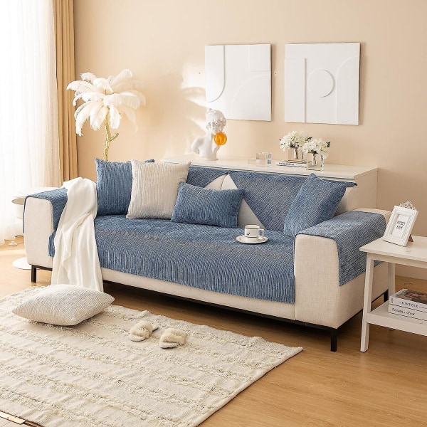 2023 Nytt Sofföverdrag Chenille Sofföverdrag För 3-Sits Soffa Överkast, Halkskydd L-formad Sofföverdrag, Möbelskydd Sofföverdrag För Sitskudde Soffa Blue Sofa cushion 70x150cm