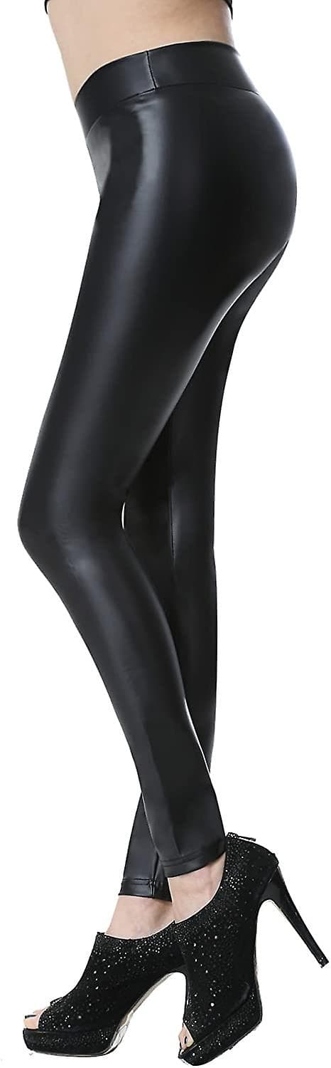 Læder Leggings Sort Midt-talje Våd Look Stræk Bukser