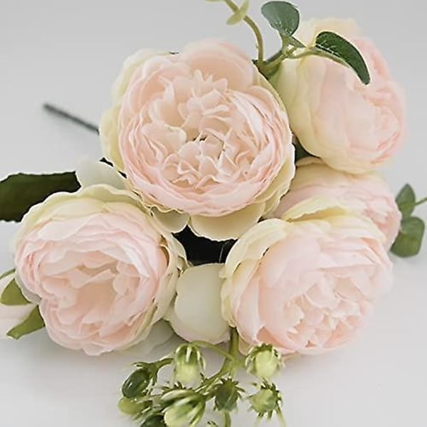Silke Peon og Te Rose Kunstig Bukett 9 Hoder Realistisk Falsk Plante For DIY Håndverk Kake Stue Hjem Bryllupsdekorasjon (lys Rosa)