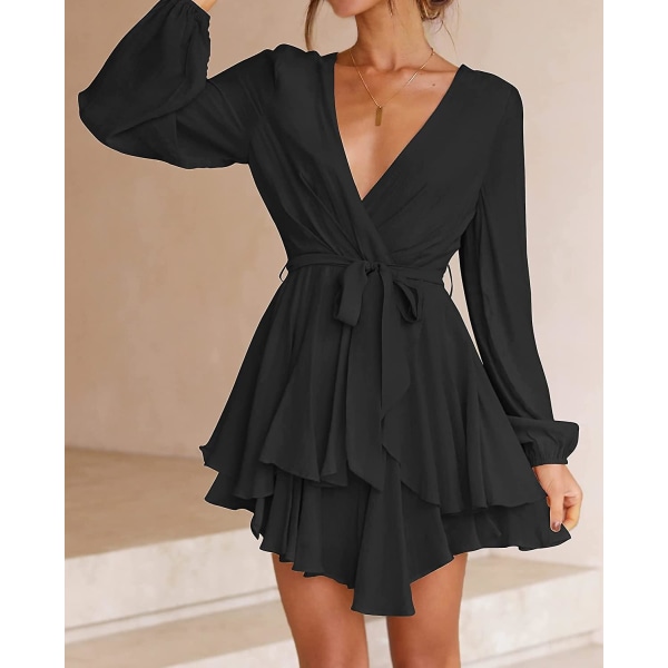 Dame Wrap V-hals Kjole Lange Ermer 2023 Knyte Midje Ruffle Kant Cocktail Bryllupsfest Swing Mini Kjoler XL