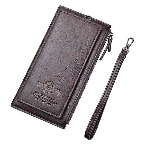 Herr Clutch Bag Dragkedja Fickor Kort Mynt Hållare PU Läder Plånbok Lång Plånbok Dark Coffee