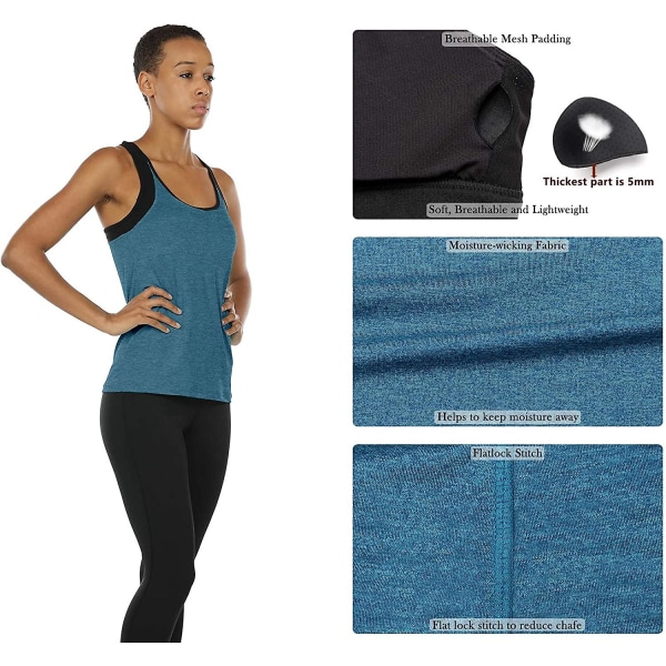 Träningsyoga linne för kvinnor med inbyggd bh, fitness med remmar i ryggen Blue M