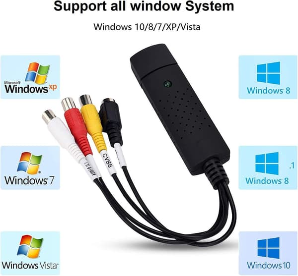 GLER VHS til Digital Konverter, USB 2.0 Videoadapter med Lydopptak, Støtte for NTSC, PAL, SECAM, Video Lydopptak