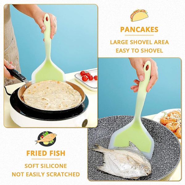 Silikonspatel pannkaksspade omelettspatel vändare för ägg fisk pannkaka pizza och biff bred mjuk pizzaspade non-stick värmebeständig kök Clear Green Large