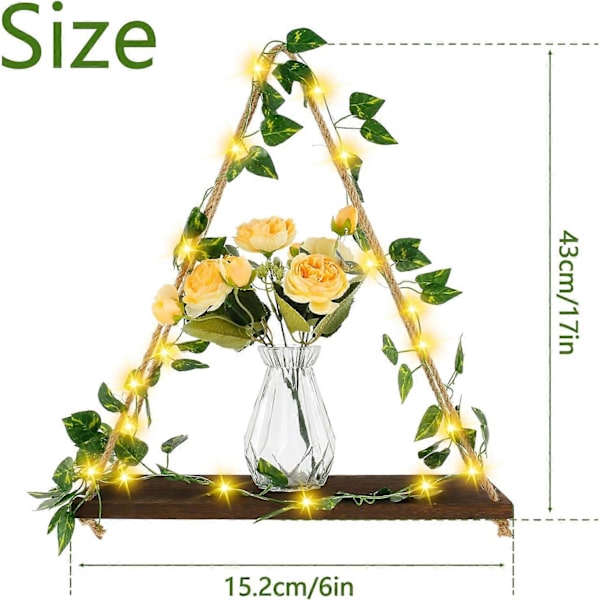 2 kpl LED-nauha seinälle ripustettavat hyllyt Boho-kasvihylly Tekoköynnös LED-nauha seinälle ripustettava hyllykoriste Puinen ripustettava kasvihylly L:lle