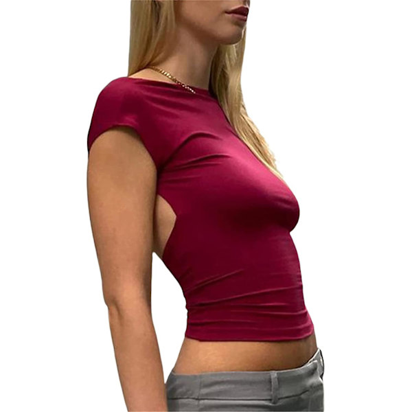 Dame Sexet Top med Udskæring i Ryggen Kortærmet T-shirt Y2k Mode Skjorter Burgundy M