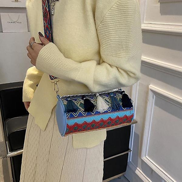 Etnisk stil Canvas Crossbody Bag Tonårsflickor Plånbok Bär Väska Axelväska för Kvinnor Damer Blue