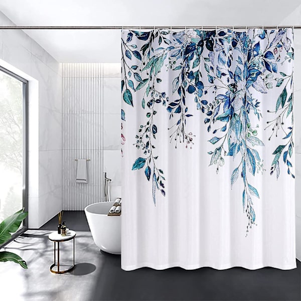Blomstret bruseforhæng med 12 kroge, vandtætte polysilicium bruseforhæng, maskinvaskbare, hurtigtørrende, 180x180cm til badekar eller badeværelse (blå)