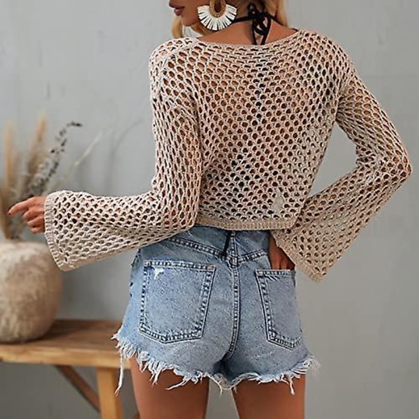 Dame Hul Ud Hæklet Strik Trøje Crop Tops Langærmet Trøje Cropped Style 10 M