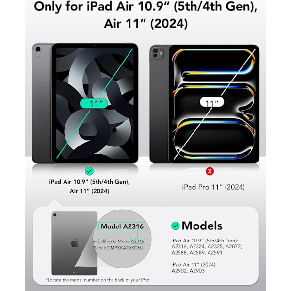 iPad Air 11 tuuman M2 -kotelo, iPad Air 6/5/4 (2024/2022/2020), irrotettava magneettikansi, jalusta pysty-/vaakasuunnassa korotetulla näytöllä Blue Air 11 Air5 4