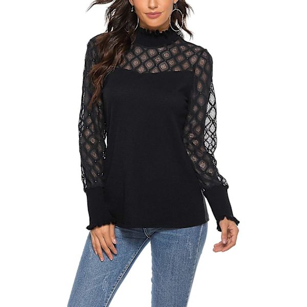 Damtoppar Elegant Spets Mesh Semi Sheer Blus Casual Långärmad Turtleneck Black XL
