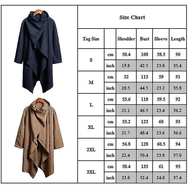 Herre Langermet Poncho Kåpe Høst Vinter Jakke Cape Frakker Yttertøy Dark Blue 2XL