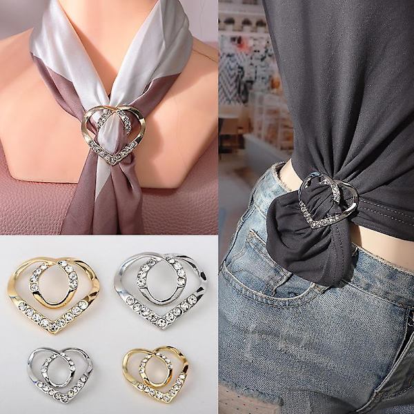 Strass Hjärta Metall Spännen Knytringar Siden Scarf Spänne Brosch Clip Ring Hållare För Kläder Halsdukar T-shirt Sjal