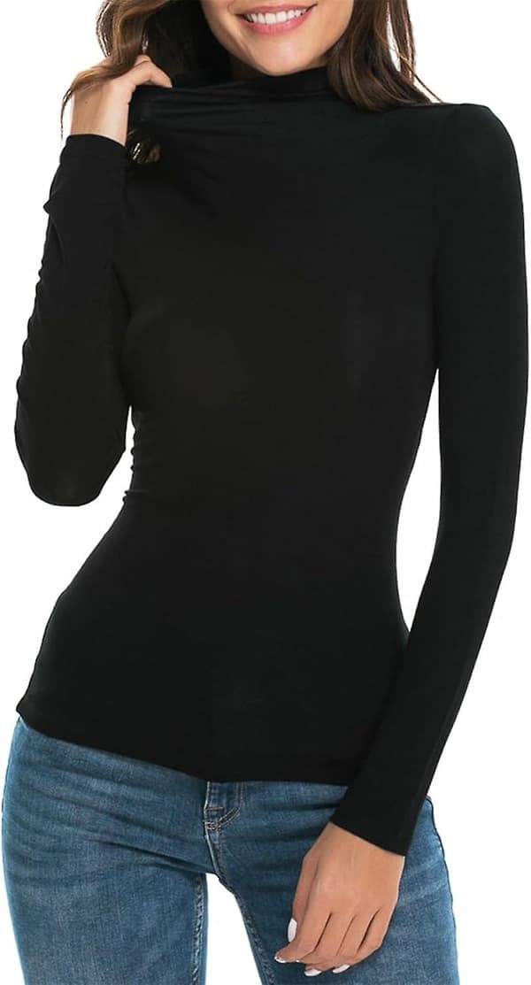 Dam långärmad/ärmlös Slim Fit Mock Turtleneck Comfy Basic Tee Shirt L