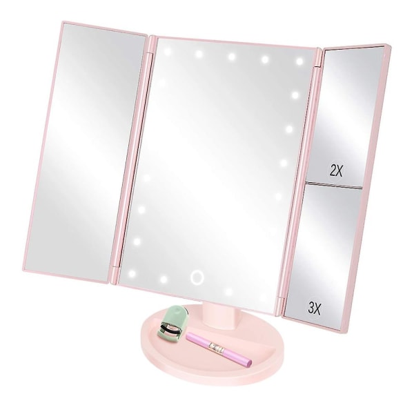 Sminkspegel|svart 22 ljus batteri + USB Tri-fold skönhetsspegel Pink