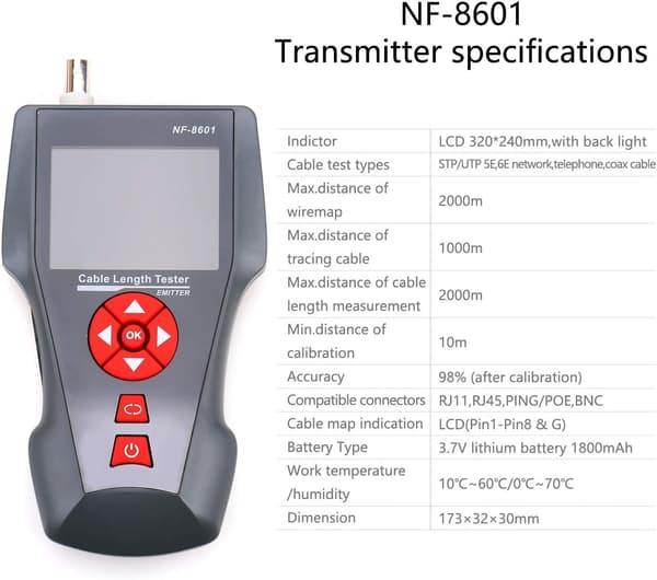 NF-8601 /NF-8601W Multifunktionel Netværkskabeltester LCD Kabellængdetester Breakpoint Tester Engelsk Version KELUSHI (NF-8601W)