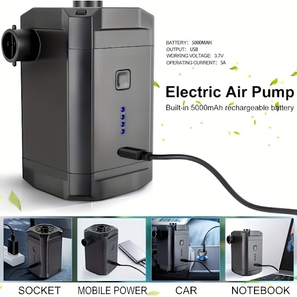 1 st Elektrisk Uppblåsbar Pump för Utomhus, Dubbel Användning, Trådlös Bärbar Luftmadrass Säng Pool Badring Luftpump för Hushållsindikator