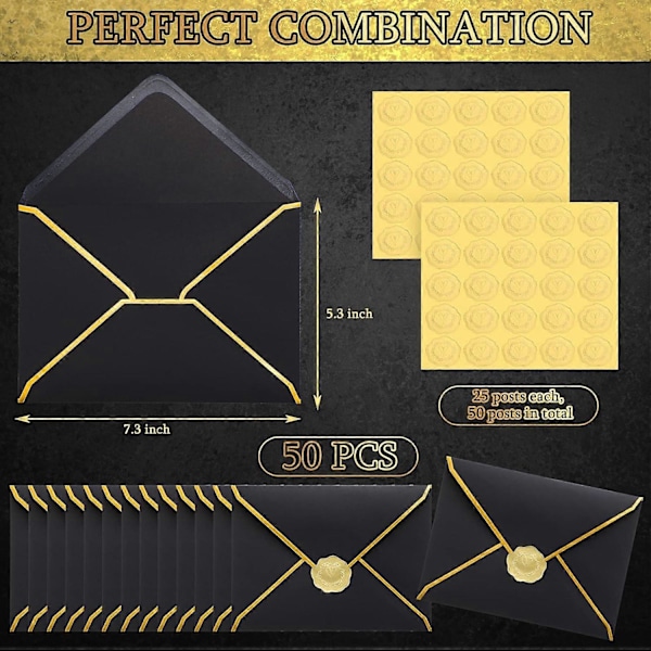 50 st A7 Kuvert 5 x 7 Kortkuvert och 50 st Guldpräglade Vaxstämplar