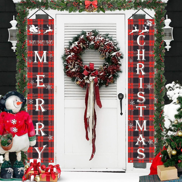 Juledekorasjon Dørgardin God Jul Dekor Banner, Jule Veranda Skilt Rød Rutete Hengende Bannere