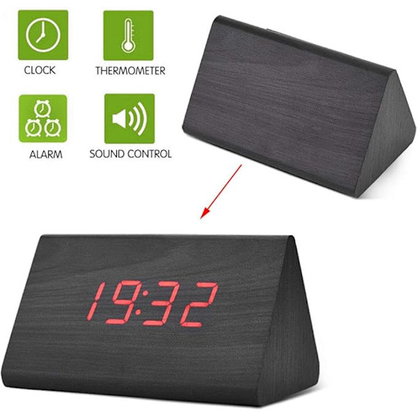 LED Digital Väckarklocka, 3 Alarminställningar 12/24H Temperatur Datumvisning Stora Siffror Träklocka för Sovrum Kontor Inbyggt DC6V/500MA Batteri