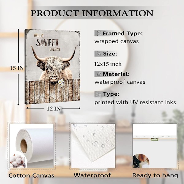 Highland Cow Badrum Väggkonst Roliga Bondgårdsbilder För Badrumsinredning Lantlig Boskapsmålning Canvas Tryck Dekor För Hemmakontor Inramad 12x15 Tum