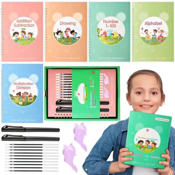 Magic övningsbok för barn, 5-pack återanvändbar övningsbok för handstil för barn, övningsbok för skrivning för förskolor, kopia av magic handskriftshjälp