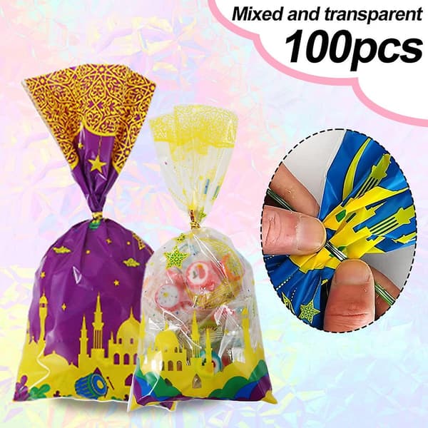 100 st Party Presentpåsar - Ramadan Tema Tryckta Presentpåsar Med Twist Ties För Eid Mubarak Fest