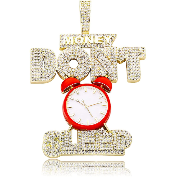 14k Iced Out Big Red Clock-Money Sov inte Excitation Hänge med 24'rep Chain Halsband, Guldpläterad Hip Hop Trend Coola smycken för män