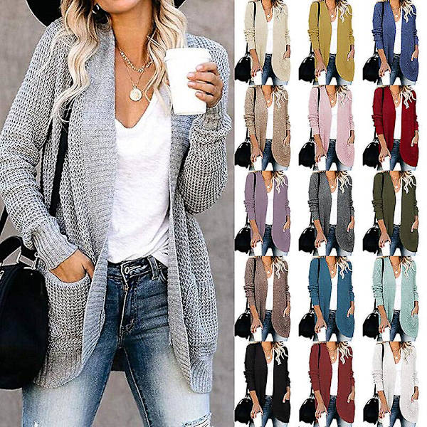 Dam långärmad öppen framsida casual lös mjuk stickad kofta ytterkläder Khaki Small