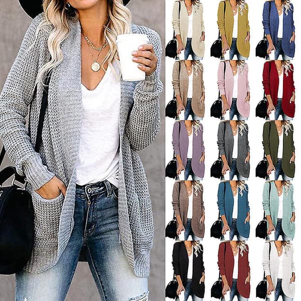 Långärmad, öppen, ledig, lös, mjuk stickad kofta för damer Light Grey Medium