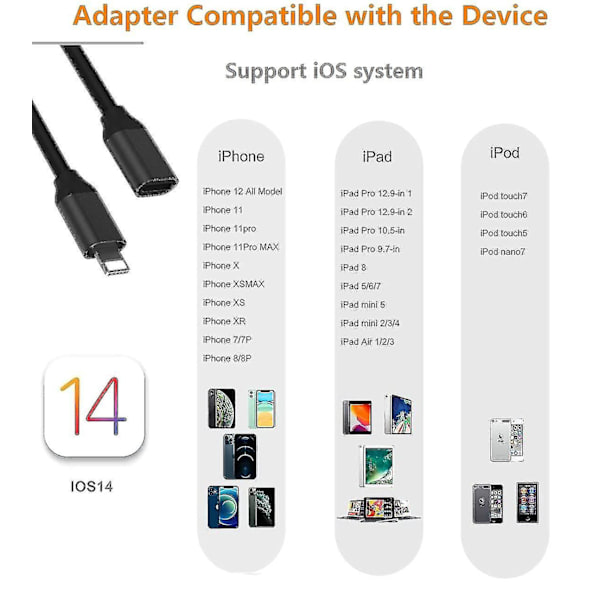 Lightning-kabel förlängning 6ft för iPhone och iPad, Apple Mfi-certifierad förlängningssladd hona till hane-kontakt