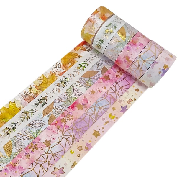 6 rullar dekorativ maskeringstejp guldfolie blommig Washi-tejp set för scrapbooking, planerare, semesterdekoration, festtillbehör, presentinslagning, konst och