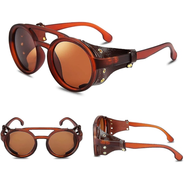 Retro Runde Steampunk Solbriller Kvinder Mænd Vintage Briller Let Plastikstel Brown