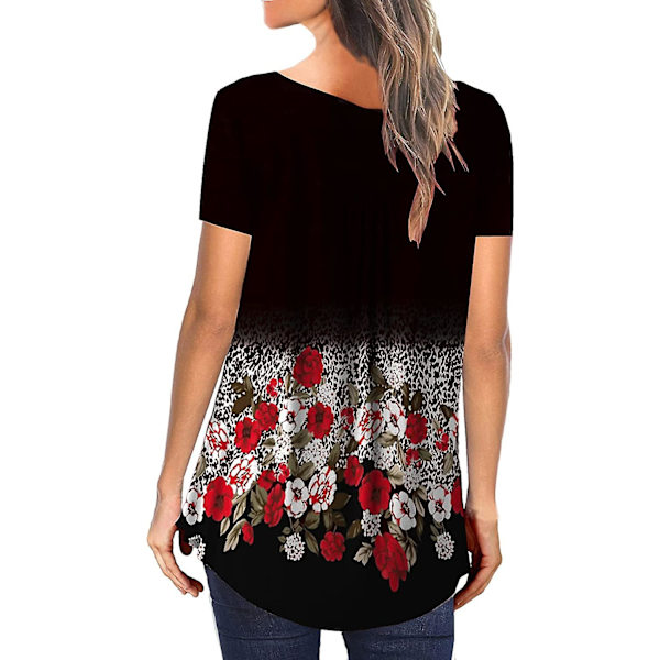 Dame Tunika Topper Ensfarget Plissert V-hals Knapper Bluse Blomstertrykte Damer Feather M