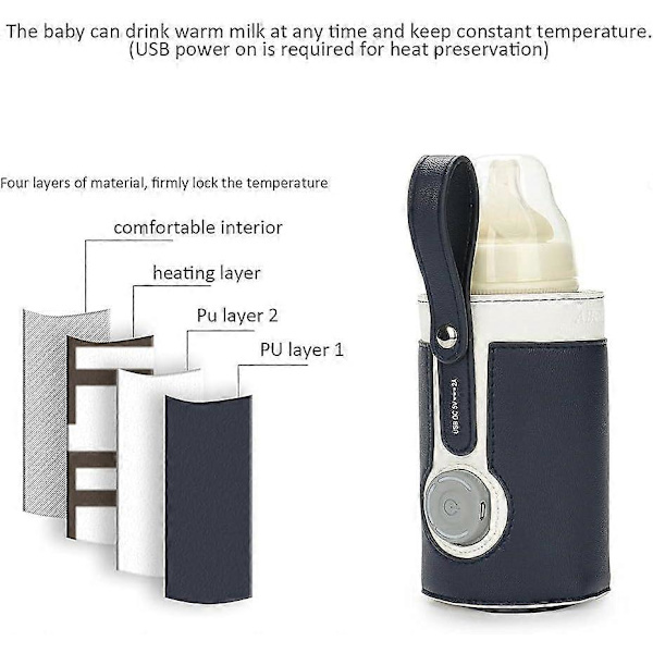 Mnsun USB-driven Bebisflaskevärmare Bärbar Fickvärmare för Mjölk Isolerade Termostat Mjölkmatsvärmare Fick med USB-laddningsport för Bebisvård Navy Blue