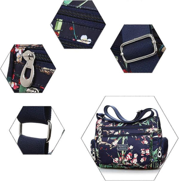 Dame Nylon Multi-Pocket Skuldertaske, Blomstermønster, One Size-Ch