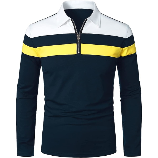 Herr Casual Långärmad Polotröjor Kontrastfärg Patchwork Bomull Tee Toppar Navy XXL