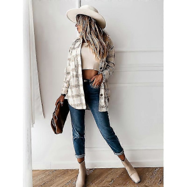Rutete shacket-jakke for kvinner, langermet flanellskjorte med knapper Apricot M