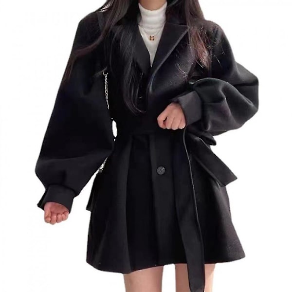 Dame Casual Trenchcoat Varm Overfrakke Vinter Lang Jakke Overtøj Black S