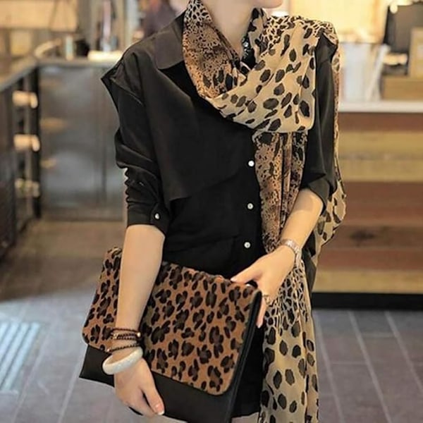 Dam Scarf Lång Mjuk Leopardmönstrad Chiffon Silkeshalsduk Sjal Stole Wrap Damkläder Tillbehör