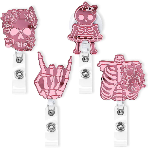 Röntgenmärkerullar 4st skelett infällbar märkesklämmahållare med krokodilklämma Halloween rosa spegel Akrylribb Skallemönster Söt Pink