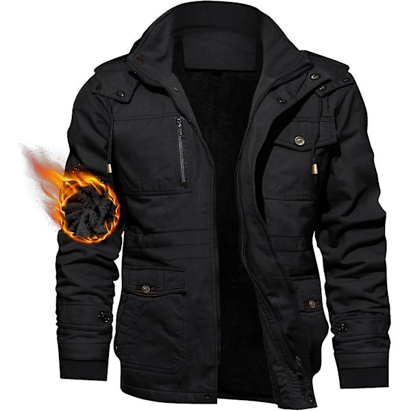 Herrjacka - Casual vinterbomullsjacka Militärjacka Tjock huvtröja Cargojacka Black XXL